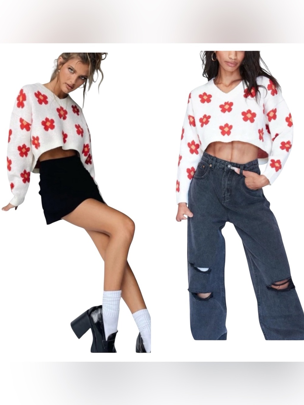 Princess Polly Field Of Flowers Sweater Red White Floral Cropped Y2K S/M